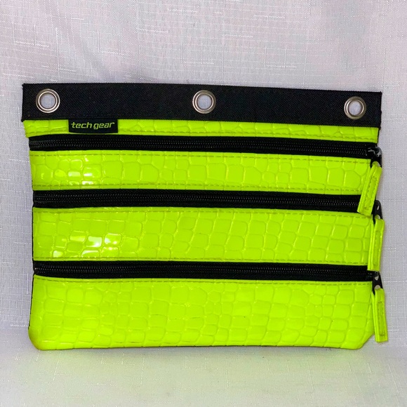 Neon Yellow Green Pencil Supplies Case 3 Section Organize Ring Bind School Fall - Picture 1 of 11